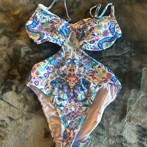 Cupshe Floral Cutout One Piece Swimsuit - Blue and Purple